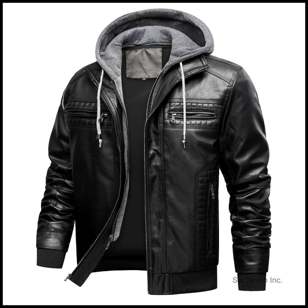 Men's Pu Faux Leather Motorcycle Bomber Jacket With Removable Hood